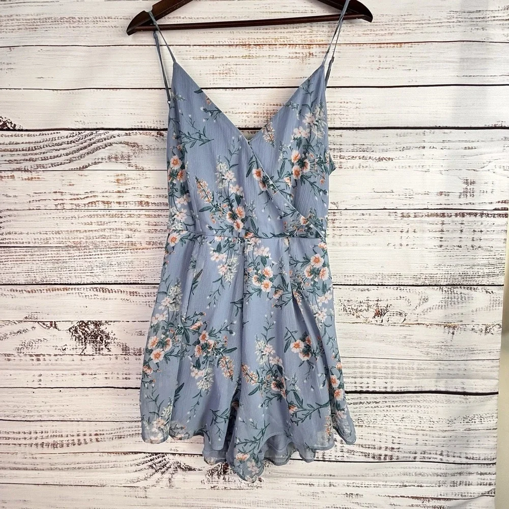 American Eagle Chiffon Romper M Blue Floral Feminine Romantic Open Back Cottage
